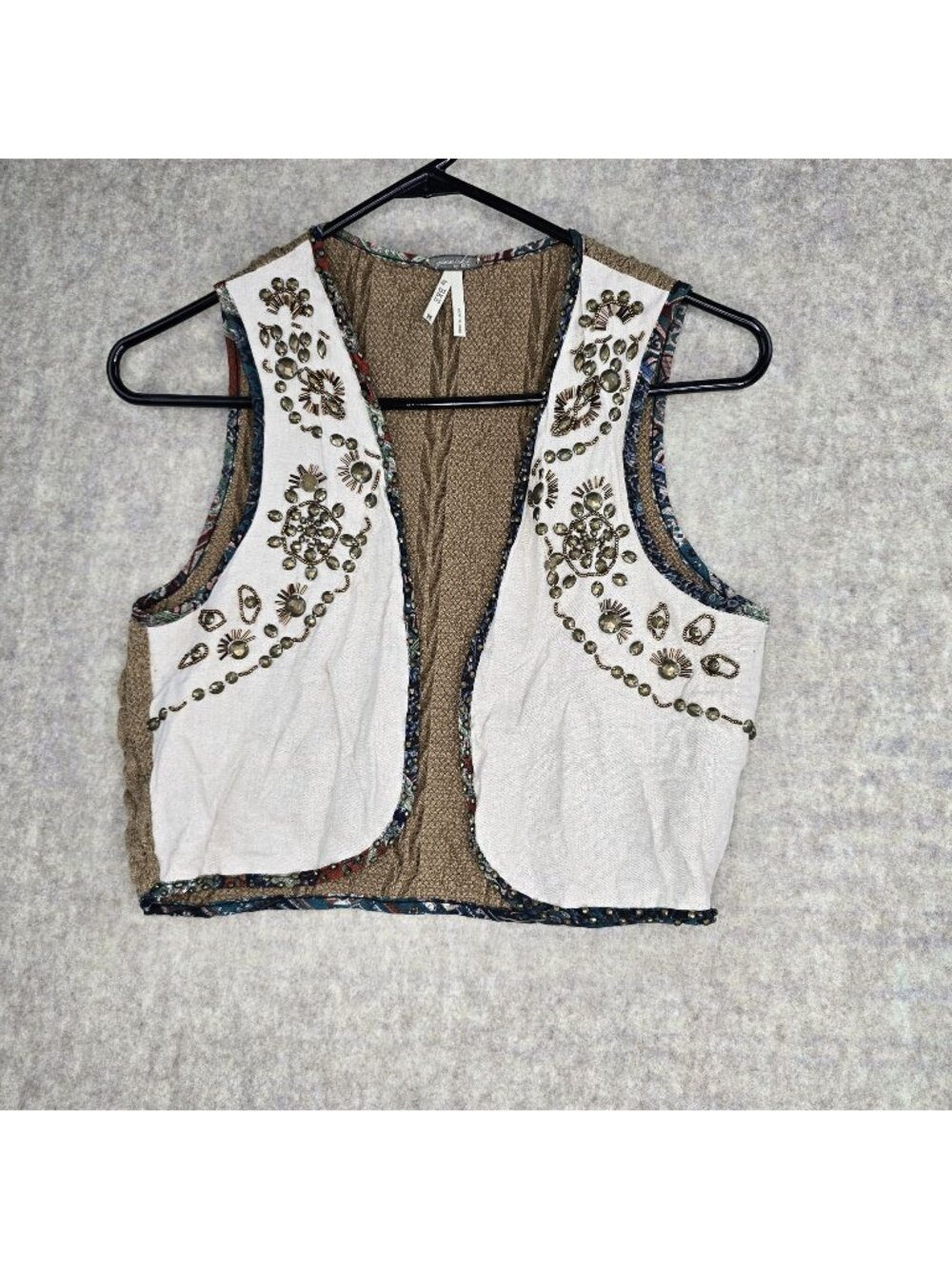 BKE Womens Embellished Boho Vest Beige/Tan S Open Front Linen Blend Style